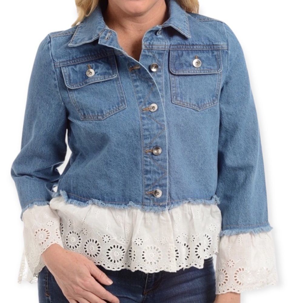 Denim Jean Jacket White Trim Flared Cuffs NWT